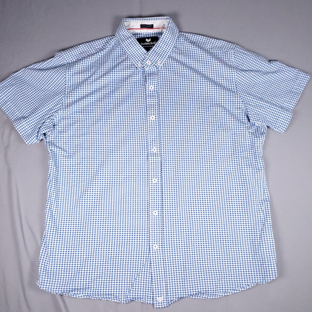 Buttercloth Icy Cotton Mens Button Up Shirt 2XL Blue White Gingham Short Sleeve